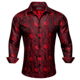 Silk Shirts Men's Red Burgundy Paisley Flower Long Sleeve Slim Fit Blouse Casual Lapel Clothes Tops Streetwear Barry Wang MartLion   