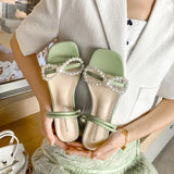 Summer Shoes Women Sandals Pearl Flat Summer Holiday Elegant Party Beige Green MartLion   