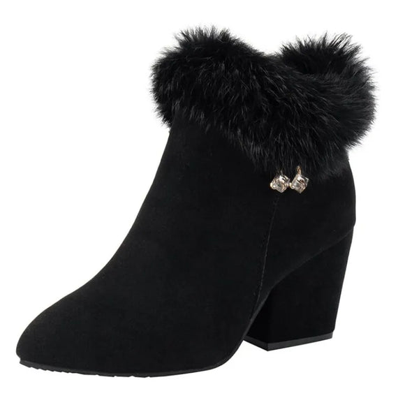 women fur Winter warm Pointed Ankle Boots Rhinestone Decoration Zipper women boots female shoes MartLion   