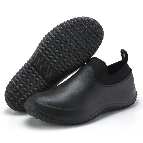Men's Work Chef Shoes Non-Slip Casual Loafers Waterproof and Oilproof Flat Restaurant Outdoor Rain Boots MartLion Black 46 