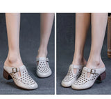 Summer Outdoor Wear Slippers Hollow Round Toe Genuine Leather Elegant Sandals Women MartLion   