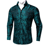 Treal Green Paisley Men's Long Sleeve Shirt Floral Casual Silk Regular-fit Button-down Collar Tuxedo Dress Clothing MartLion   