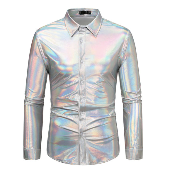  Men's Disco Dress Shiny Long Sleeve Casual Button Down Shirt Slim Fitting Solid Party MartLion - Mart Lion