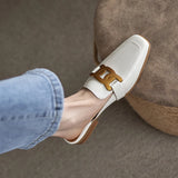 Spring Summer Women Shoes Square Toe Pumps Solid Cow Leather Low Heel Mules Metal Button Slipper Mules MartLion   