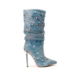 Women's Denim Metal Stiletto Pleated Sleeve Boots Rhinestone Banquet high heel party shoes MartLion   