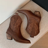 Autumn And Winter Boots Cowhide Material Square Heel Calf Height Women's Shoes Pointed MartLion   