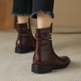 Autumn Boots Square Toe Low Heel Women Shoes Genuine Leather Retro Brown Ankle Block Retro MartLion   