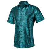Hi-Tie Short Sleeve Silk Men's Shirts Breathable Shirt Office Sky Blue Rose Pink Teal MartLion CY-1401 S 