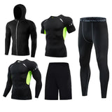 5 Pcs Men's Compression Set Running Tights Workout Fitness Training Tracksuit Short sleeve Shirts Sport Suit rashgard kit MartLion green set S 