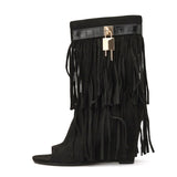 Liyke Peep Toe Pink Tassels Fringe Ankle Boots For Women Spring Autumn Wedge Heels Western Shoes De Mujer Mart Lion Black 35 