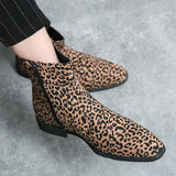 Men's Ankle Boots Suede Leather Leopard Pointed Toe Dress Shoes Zip Motorcycle Casual Party Footwear Mart Lion   