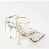 Soft PVC Women Sandals Luxury Rhinestones Peals Chains High heels Gladiator Summer Wedding Shoes MartLion   