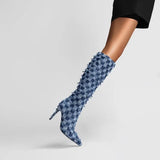 Dance Boots Plaid Denim Blue Cloth Women's Boots 10cm High Heels Latin Rubber Hard Sole Jazz Modern MartLion   