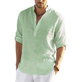 Men's V-neck t  Blouse Cotton Linen Shirt Loose Tops Long Sleeve Tee Shirt Spring Autumn Casual Handsome Mart Lion Green S China|No