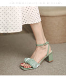 Womens Sandals Summer Pleated Ankle Buckle Casual High Heels Shoes Lolita Square Toe Heels Mart Lion   