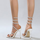 Liyke White Sandals For Women Summer Design Crystal Rhinestone Snake Shape Surround Ankle Strap High Heels Shoes Mart Lion   