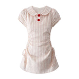Summer Women Short Sleeve Striped Dress Mori Girl Mini Frocks Peter Pan Collar MartLion   