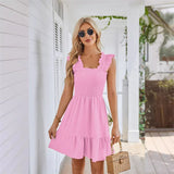 Summer Slim Fit Stretch Dresses Women Ruffle Trim Suspenders Dress Female Waist Pleated Hem Frock Casual Backless Gown MartLion Pink S 