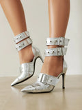 Women's Denim Leather Buckle Single Shoes Slim High Heels Pointed Sandals MartLion silvery 41 