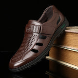 Men's Genuine Leather Sandals Summer Hollow Breathable Leather Shoes Casual Soft Flats Mart Lion   