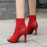 Noble Jazz Dance Shoes Women's Red High Heels Ankle Boots Peep Toe Zipper Indoor Dancing Sandals Mart Lion   