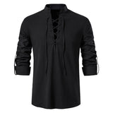 Men's Casual Blouse Cotton Linen Shirt Tops Long Sleeve Tee Shirt V-neck shirt Vintage Thin Mart Lion BLACK S China|No