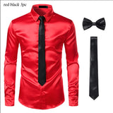 Black Men's Silk Dress Shirts 3Pcs(Shirt +Tie+Bowtie) Smooth Satin Slim Fit Party Prom Casual Social Camisa Mart Lion red black USA S 