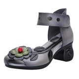 Genuine Leather Retro Style Chunky Heel Sandals Flower Open Toe Handmade Women High-Heeled Shoes MartLion GRAY 35 