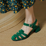 Summer Women Shoes Round Toe Sandals Casual Suede Roman Heels Green Genuine Leather Mid Heels MartLion   