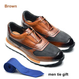 Design Men's Sneakers Real Leather and Cloth Patchwork Lace Up Brown Brogue Oxford Casual Dress Shoes MartLion Brown EUR 46 