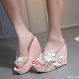 Summer Flower Decoration Platform Wedges Sandals Women Silver High Heels Female Summer Gold Shoes