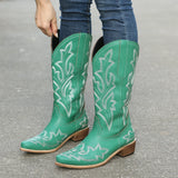 Women Western Mid Calf Boots V-cut Embroidery Cowgirl Boots Retro Style Pointed Toe Slip On Shoes MartLion green 38 