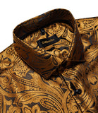 Gold Paisley Silk Shirts Men's Long Sleeve Luxury Tuxedo Wedding Party Clothing MartLion   