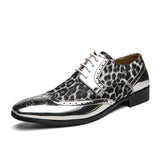 Classy Gold Leopard Derby Leather Men's Shoes Luxury  Brogue Lace-up Pointed Wedding Party Stage Casual MartLion silvery 45 