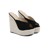 Liyke Platform Wedges Slippers Summer Peep Toe 14CM Heels Shoes Woman Super High Mules Female Sandals Black Mart Lion   