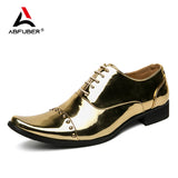 Chelsea Leather Men's Shoes Pointed Toe Lace-up Luxury Glossy Gold Mixed Rivet Stage Performance Casual MartLion   