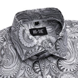 Hi-Tie Men's Silk Shirts Jacquard Paisley Floral Long Sleeve Lapel Shirt Blouse Outerwear Wedding Office Breathable MartLion CY-1076 S 