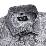 Hi-Tie Men's Silk Shirts Jacquard Paisley Floral Long Sleeve Lapel Shirt Blouse Outerwear Wedding Office Breathable MartLion