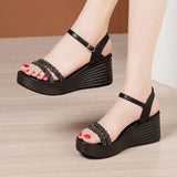 Rhinestone Platform Sandals Women Shoes Summer Elegant Office High Heels Wedges Gold MartLion Black 3.5 