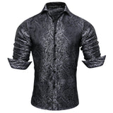 Barry Wang Men's Shirts Black Floral Silk Embroidered Long Sleeve Slim Causal Turn Down Breathable Colorfast Clothing Tops MartLion 0062 S 