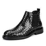 Chelsea Boots Men's Leather Weave Pattern Shoes Slip-on Formal Dress Ankle Mart Lion   