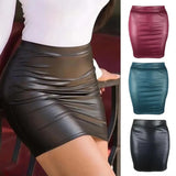 Women Mini Skirt Solid Color Waist Slim Fit Skinny Matte Leather Cozy MartLion   