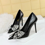 Certified Products Banquet Slim Ultra High Heels Shallow Mouth Pointed Rhinestone Bow Tie Patent Leather Shoes MartLion   