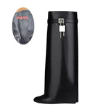 Women's Knee Length Slope Heel Shark Boots Thick Sole High Heel Thigh Round Head Warmth MartLion Black cowhide Plush 35 