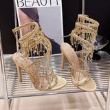 Runway style Bling Crystal Tassels Snake Coiled Women Sandals Stiletto High heels Summer Party Prom Shoes MartLion Gold 35 