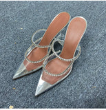 Rhinestones satin Women Pumps Slippers Elegant Pointed toe High heels Lady Mules Summer Party prom Shoes MartLion   