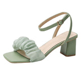 Womens Sandals Summer Pleated Ankle Buckle Casual High Heels Shoes Lolita Square Toe Heels Mart Lion Green 34 