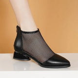 Summer Mesh Ankle Boots Pointed Toes Low Heels Ladies Short Chunky Heels Spring Back Zipper Shoes MartLion   