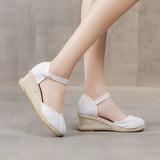 Patchwork Women Linen Cotton 6cm High Wedge Espadrilles Sandals Summer Elegant Ladies Ankle Strap Closed Toe Hemp Shoes MartLion   