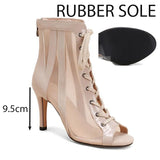 Fish Mouth Strap Jazz Boots Stiletto Heel Hollow Mesh Low Tube Sandals Latin Dancing Shoes Party Ballroom Performances MartLion Apricot 9.5cm rubber 43 